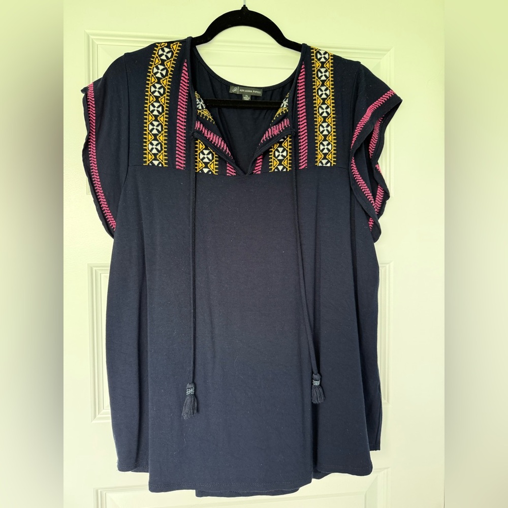 Navy Top with Pink and Yellow Embroidery